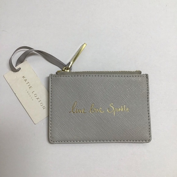 NEW Katie Loxton Gray Card Wallet Cash Zip Pouch Live Love Sparkle Gold Letters - Picture 4 of 7
